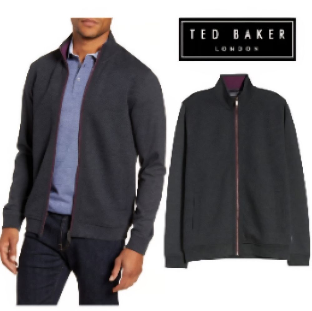 Ted Baker Full Zip Jacket Sweater Preppy Casual Office Charcoal